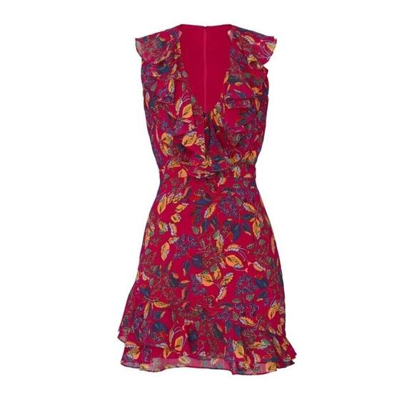 RTR sz 2 Saloni Cece magenta pink floral ruffle hemline v neckline mini dress - Picture 3 of 7